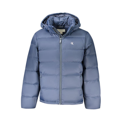 Calvin Klein Blue Polyamide Men Jacket with removable hood and wind-resistant design.