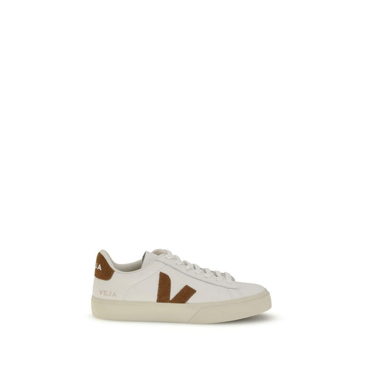 Veja White Leather Low Top Sneakers with brown "V" logo and lace-up closure, featuring flat rubber sole for comfort and sustainability.