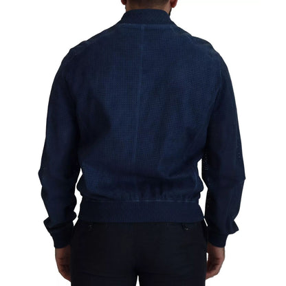 Dolce & Gabbana Blue Leather Perforated Full Zip Jacket