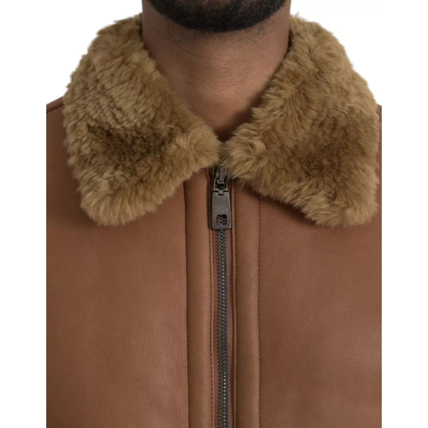 Dolce & Gabbana Brown Leather Fur Button Biker Coat Jacket JKT4050-52