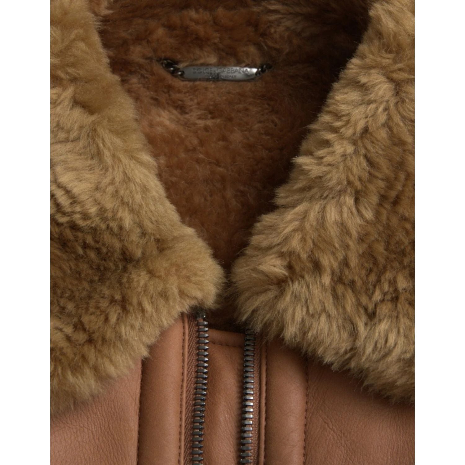 Dolce & Gabbana Brown Leather Fur Button Biker Coat Jacket