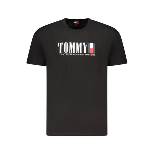 Tommy Hilfiger Black Cotton Men T-Shirt with logo print, short-sleeved, 95% regenerative cotton, stylish and casual fashion tee.