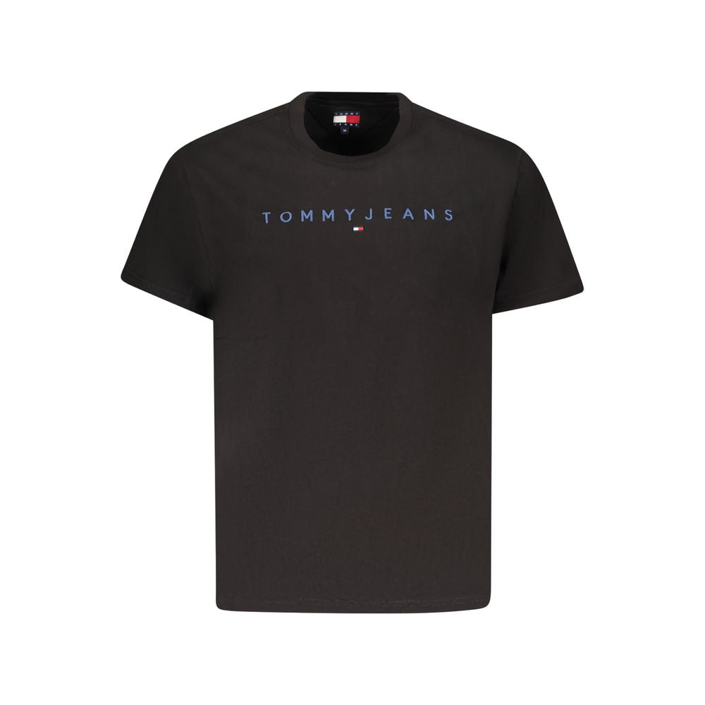 Tommy Hilfiger Black Cotton Men T-Shirt with logo, short sleeves, crafted from 95% regenerative cotton for a modern, eco-friendly style.