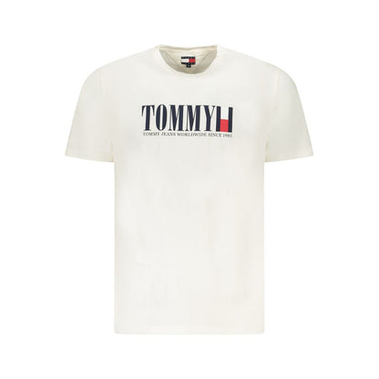 Tommy Hilfiger White Cotton Men T-Shirt featuring a bold logo, crafted with eco-conscious materials and a crew neck design for timeless fashion.