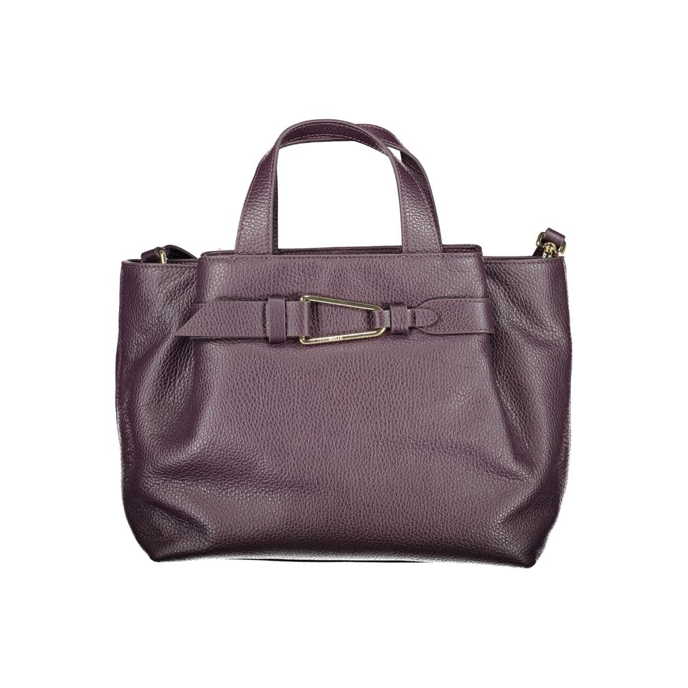 Coccinelle Purple Leather Women Handbag with twin handles and adjustable strap, featuring rich texture and elegant design.