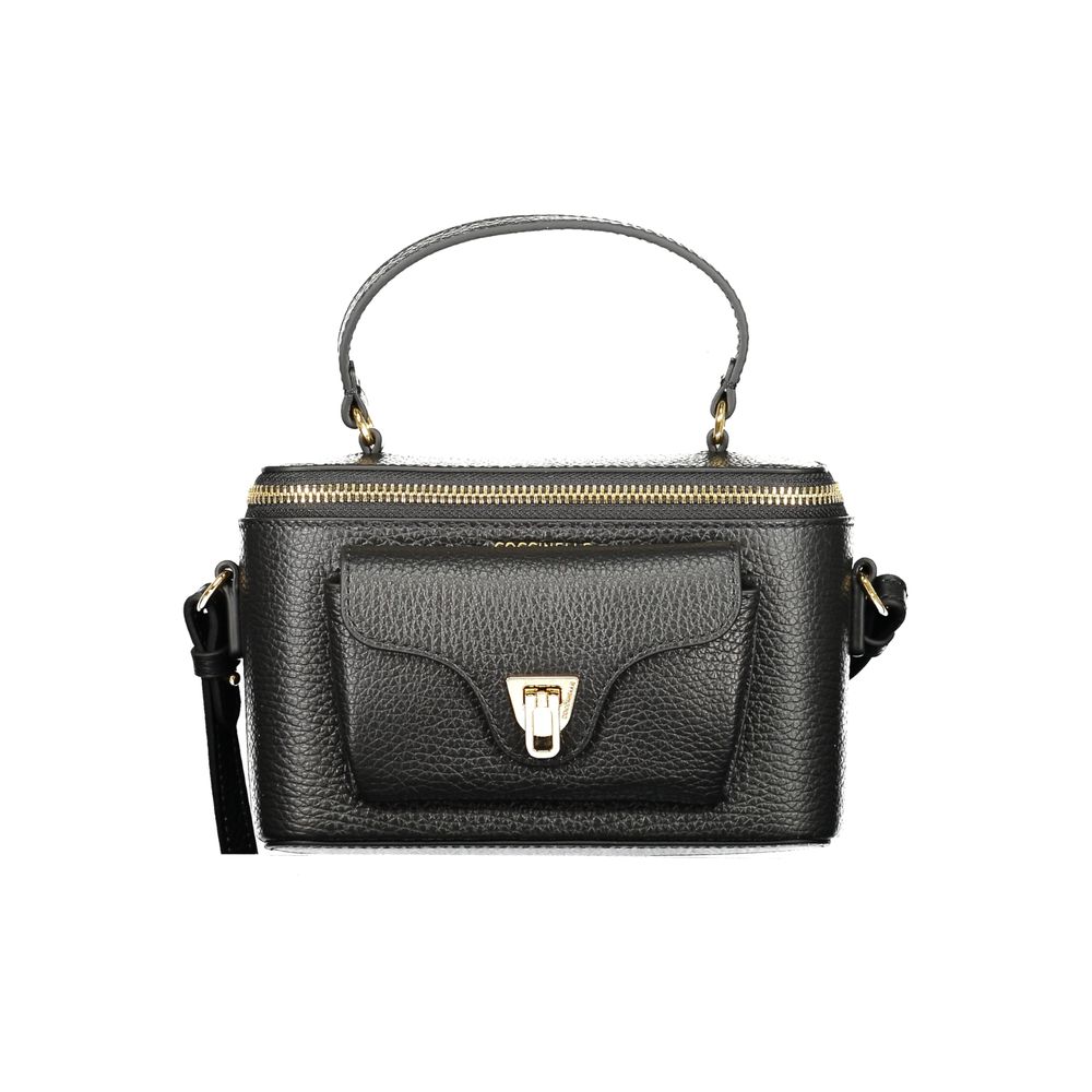 Coccinelle Black Leather Women Handbag with external pocket and zip closure, showcasing elegant Italian design and functionality.