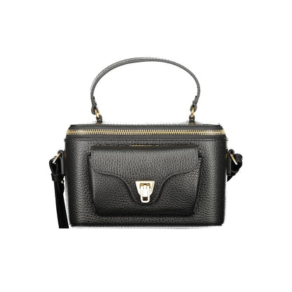 Coccinelle Black Leather Women Handbag with external pocket and zip closure, showcasing elegant Italian design and functionality.