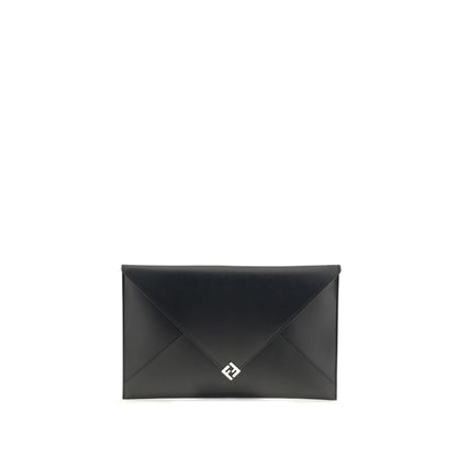 Fendi Black Leather Clutch Bag with snap-button closure and metallic accessories, featuring 8 card slots and a practical cuff handle.
