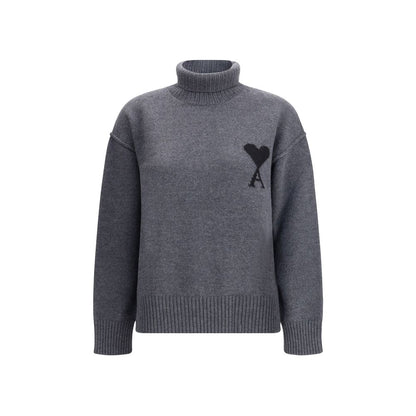 Ami Paris Gray Fleece Wool Turtleneck with ribbed collar and iconic jacquard logo for a stylish and polished look.