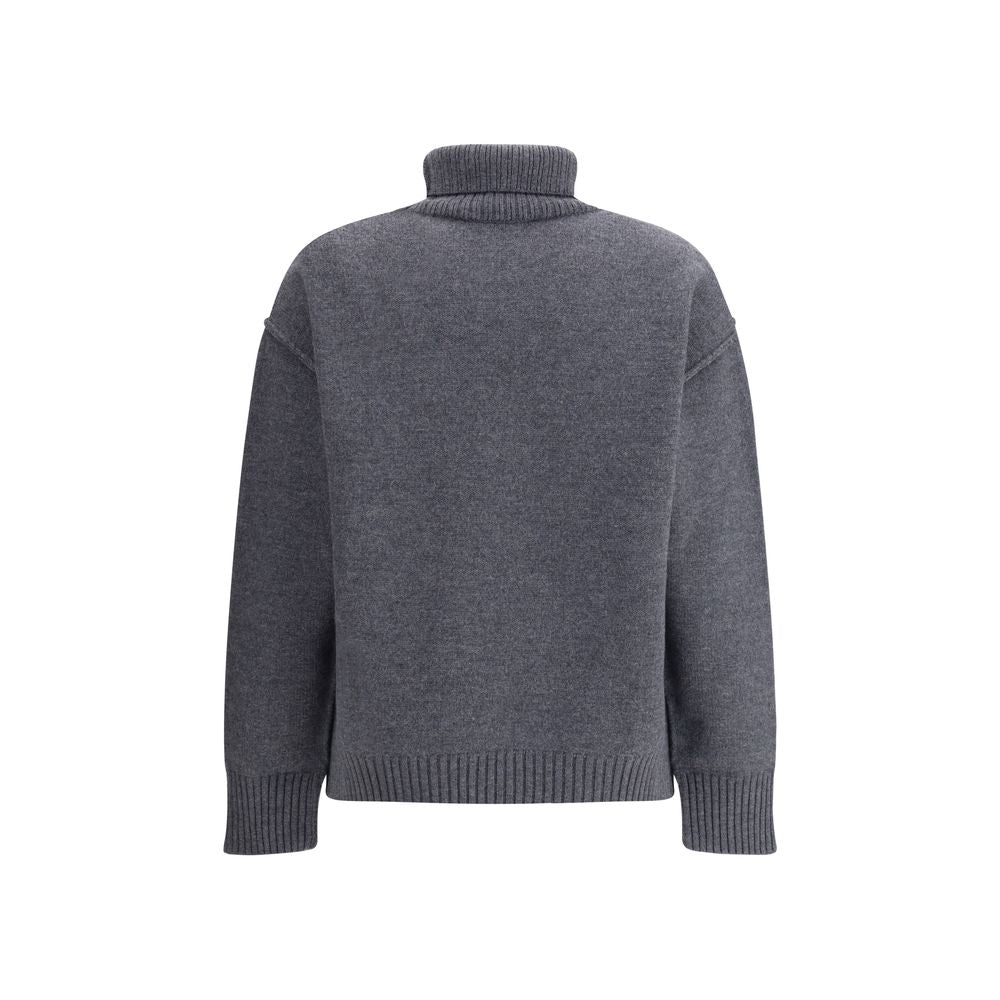 Ami Paris Gray Fleece Wool Turtleneck with ribbed collar, cuffs, and hem showing back view of the sweater.