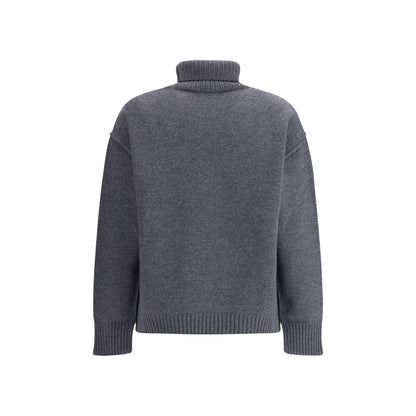 Ami Paris Gray Fleece Wool Turtleneck with ribbed collar, cuffs, and hem showing back view of the sweater.
