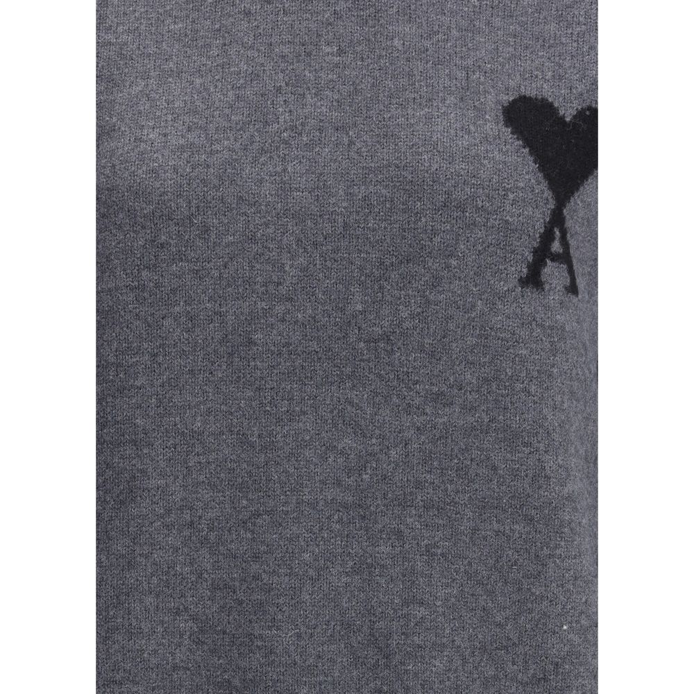 Close-up of Ami Paris Gray Fleece Wool Turtleneck with jacquard logo, ribbed design. A stylish and comfortable choice for AW25.