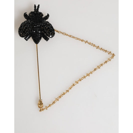 Dolce & Gabbana Lapel Pin Gold Brass Black Crystal Bee Accessories Brooch