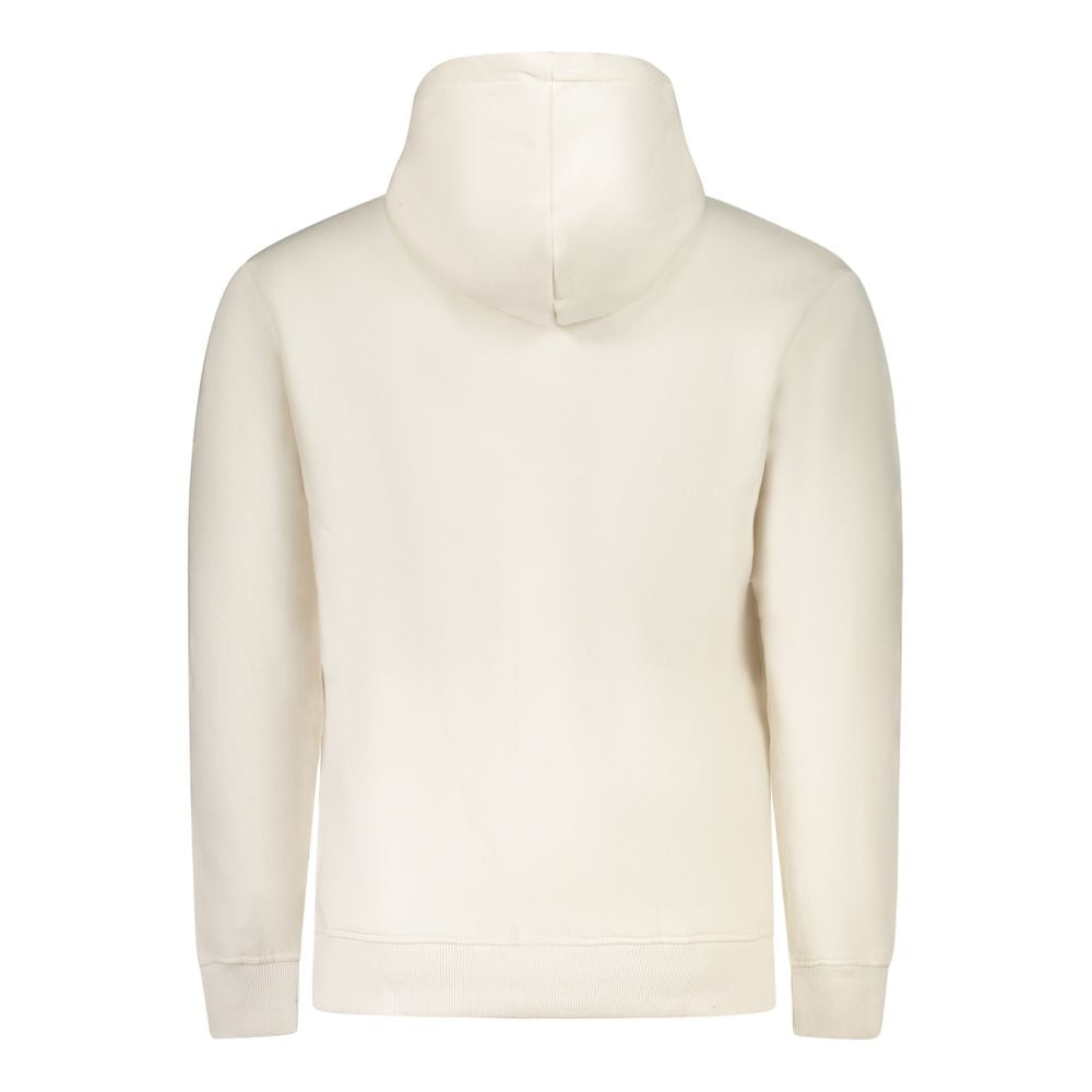 Back view of Pepe Jeans White Cotton Men Sweater featuring a hood and minimalist design in stark white color.