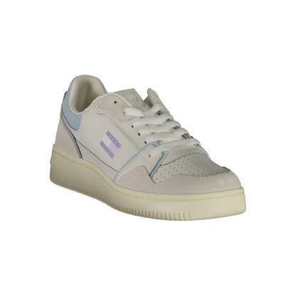 Tommy Hilfiger White Leather Women Sneaker with blue contrast and logo, featuring a removable footbed for customizable comfort.