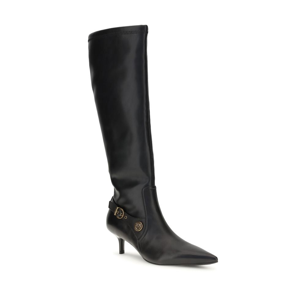 PINKO Black Goatskin Ankle Boots with rounded toes, high heels, leather lining, and metal loop straps on smooth nappa leather.