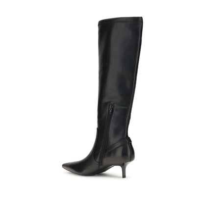 PINKO Black Goatskin Ankle Boots featuring nappa leather, knee-length with metal loop straps, high heels, and zippers for easy wear.