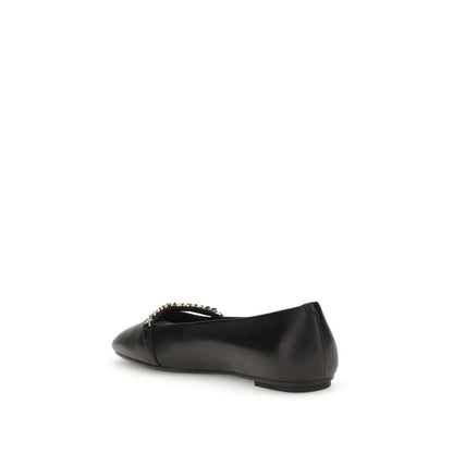 Side view of PINKO Black Calf Leather Bos Taurus Ballet Flats with decorative loop and metal detail for an elegant look.