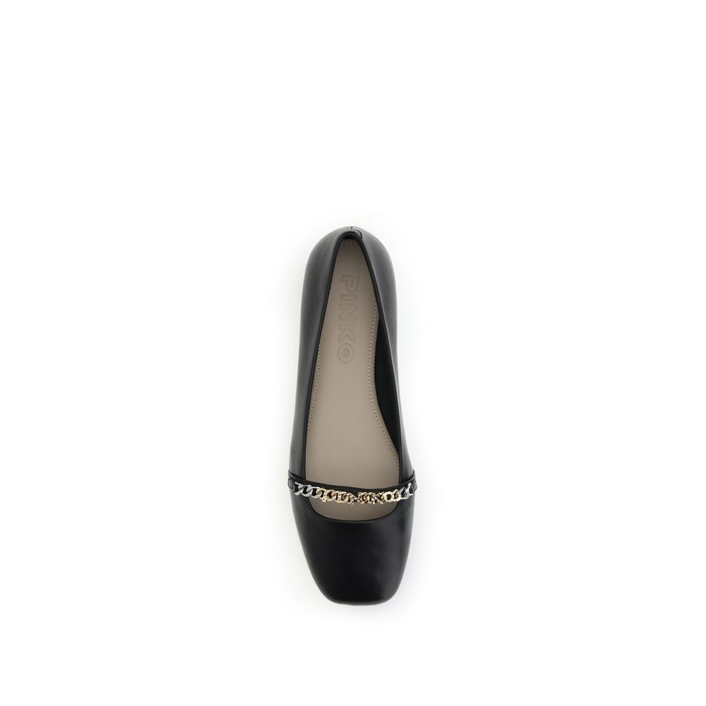 Top view of PINKO Black Calf Leather Bos Taurus Ballet Flats with decorative metal loop, 100% leather, Autumn-Winter collection.