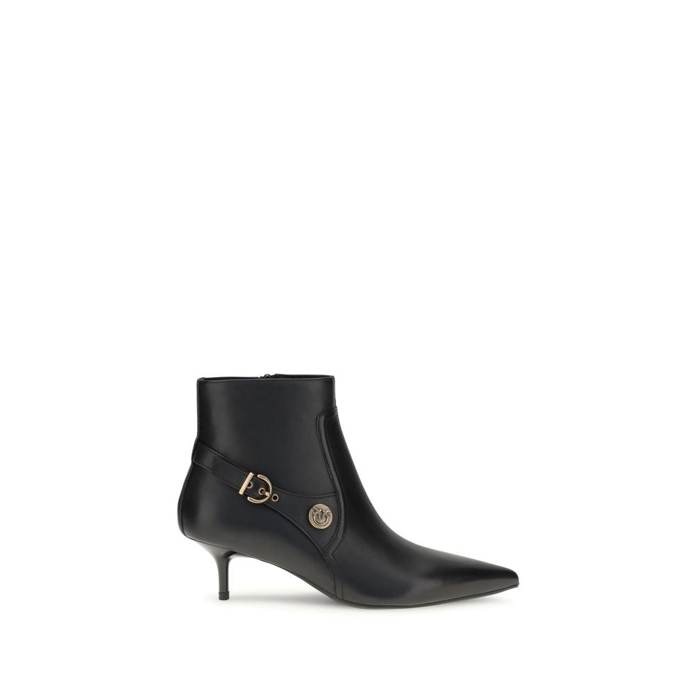 PINKO Black Calf Leather Bos Taurus Ankle Boots featuring almond toe, side zipper, kitten heel, and logo buckle detail.