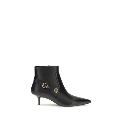 PINKO Black Calf Leather Bos Taurus Ankle Boots featuring almond toe, side zipper, kitten heel, and logo buckle detail.