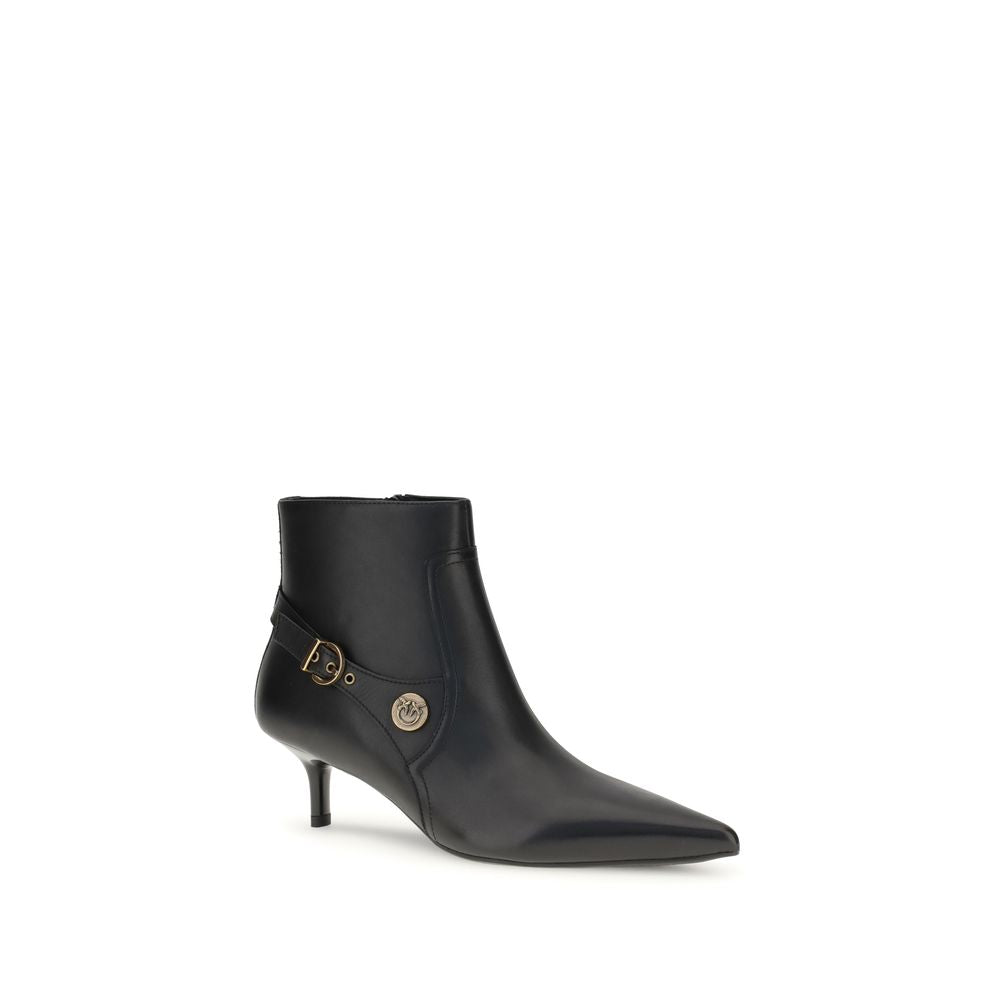 PINKO Black Calf Leather Bos Taurus Ankle Boots with almond toe, side zipper, kitten heel, and logo buckle detail.