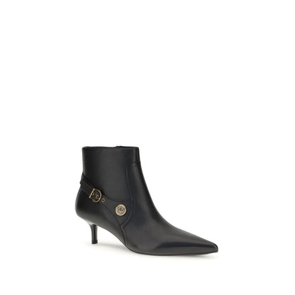 PINKO Black Calf Leather Bos Taurus Ankle Boots with almond toe, side zipper, kitten heel, and logo buckle detail.