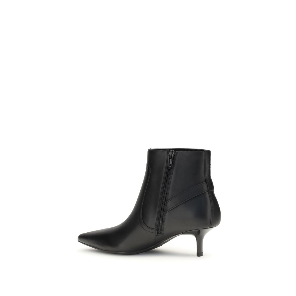 PINKO Black Calf Leather Bos Taurus Ankle Boots with almond toe, side zipper, kitten heel, and logo buckle, AW25 collection.
