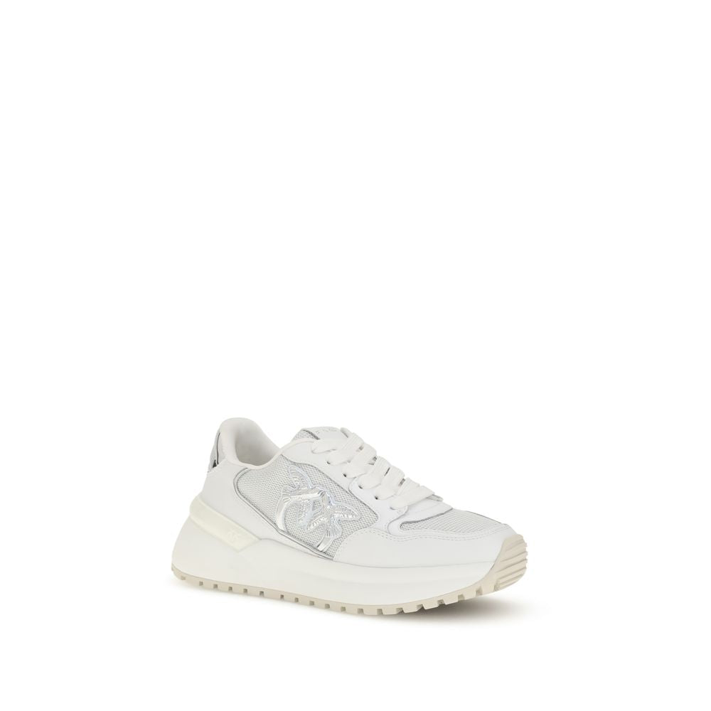 PINKO White Calf Leather Bos Taurus Chunky Sneakers with mirrored details, mesh inserts, and metal Love Birds logo on rubber sole.