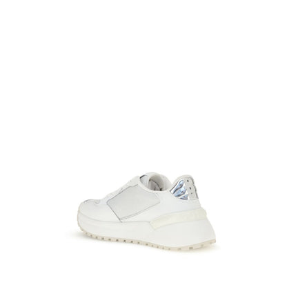 PINKO White Calf Leather Bos Taurus Chunky Sneakers with mirrored detail and metal Love Birds logo on rubber sole viewed from back angle.