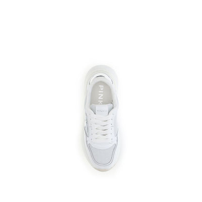 Top view of PINKO White Calf Leather Bos Taurus Chunky Sneakers with logo detail and mesh insert.