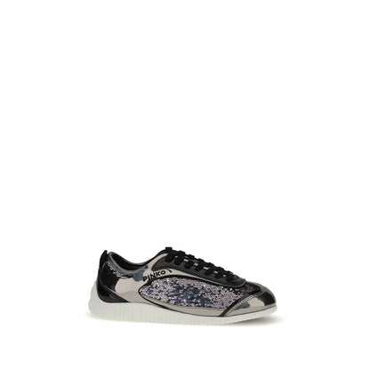 PINKO Silver Nylon Chunky Sneakers with sequins and rubber sole, showcasing front lacing and round toe for comfort and style.