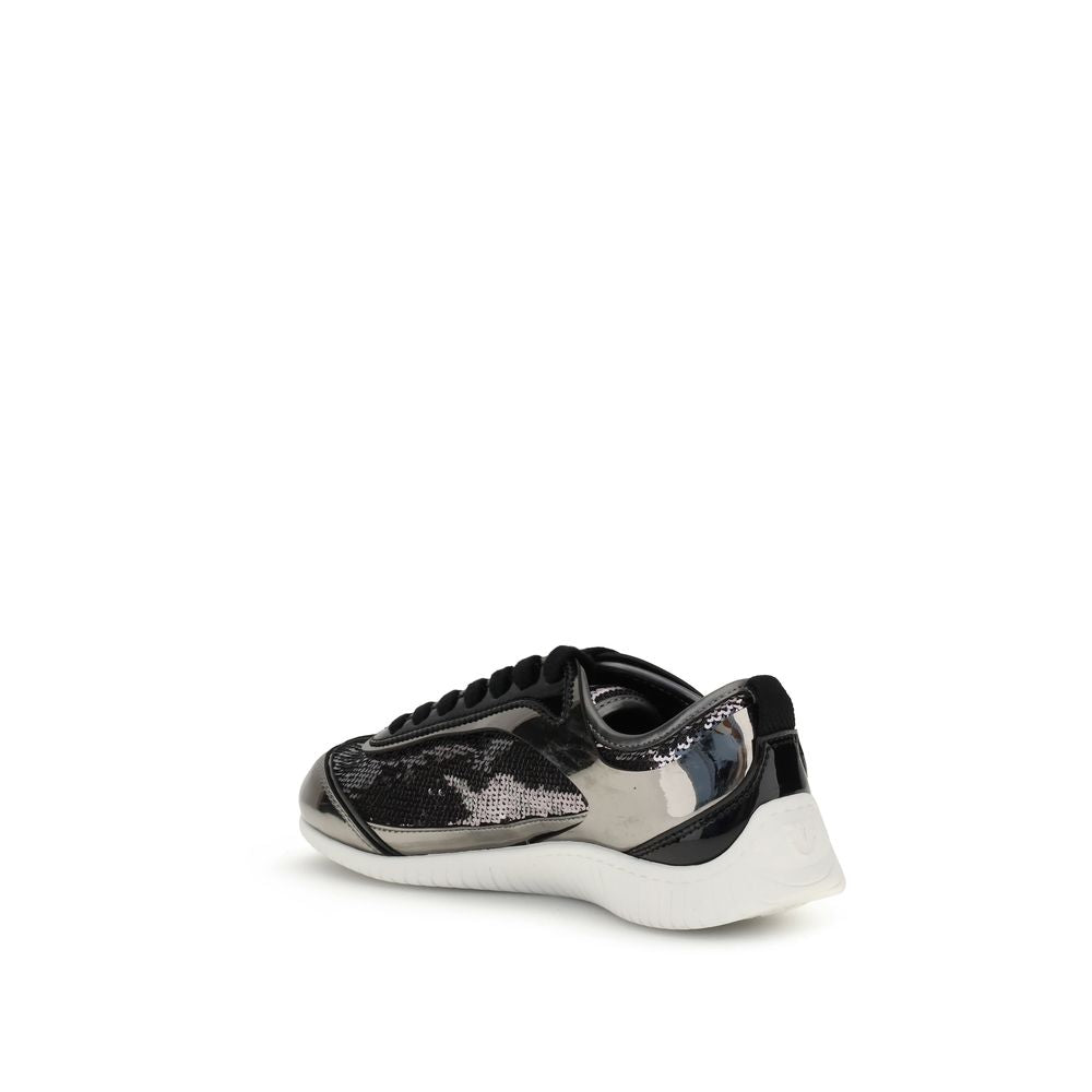 PINKO Silver Nylon Chunky Sneakers with sequins and rubber sole for a stylish and comfortable modern look.
