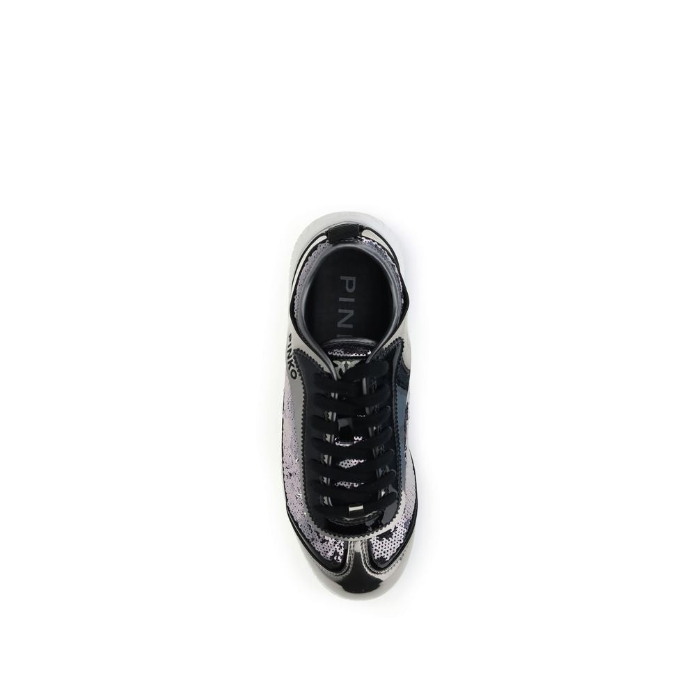 PINKO Silver Nylon Chunky Sneakers with sequin detail, top view highlighting round toe and black laces for a casual elegant look.