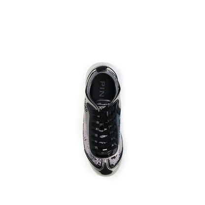 PINKO Silver Nylon Chunky Sneakers with sequin detail, top view highlighting round toe and black laces for a casual elegant look.