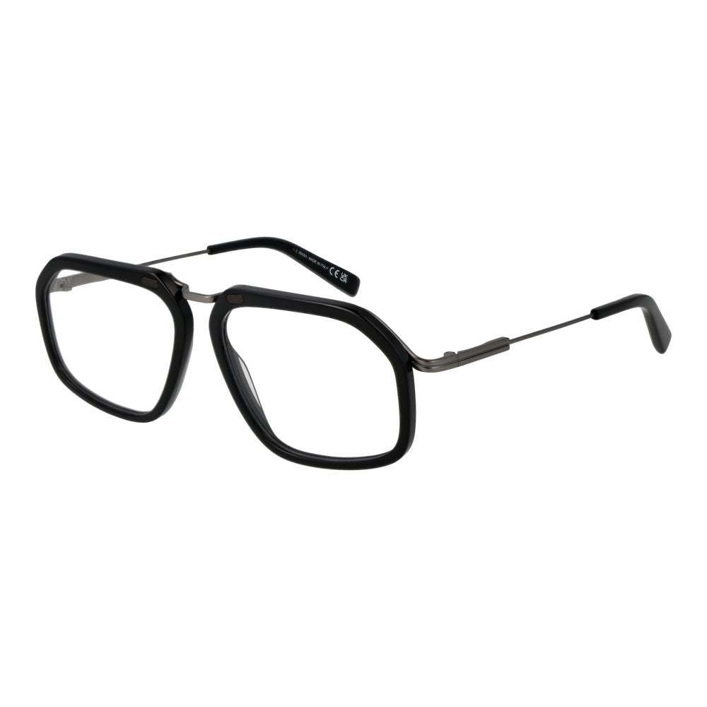 Ermenegildo Zegna Black Men Glasses Frame, metal full-rim aviator style with demo lenses, black color, includes branded case.