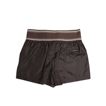Dolce & Gabbana Brown Polyester Logo Elastic Waistband Swimwear