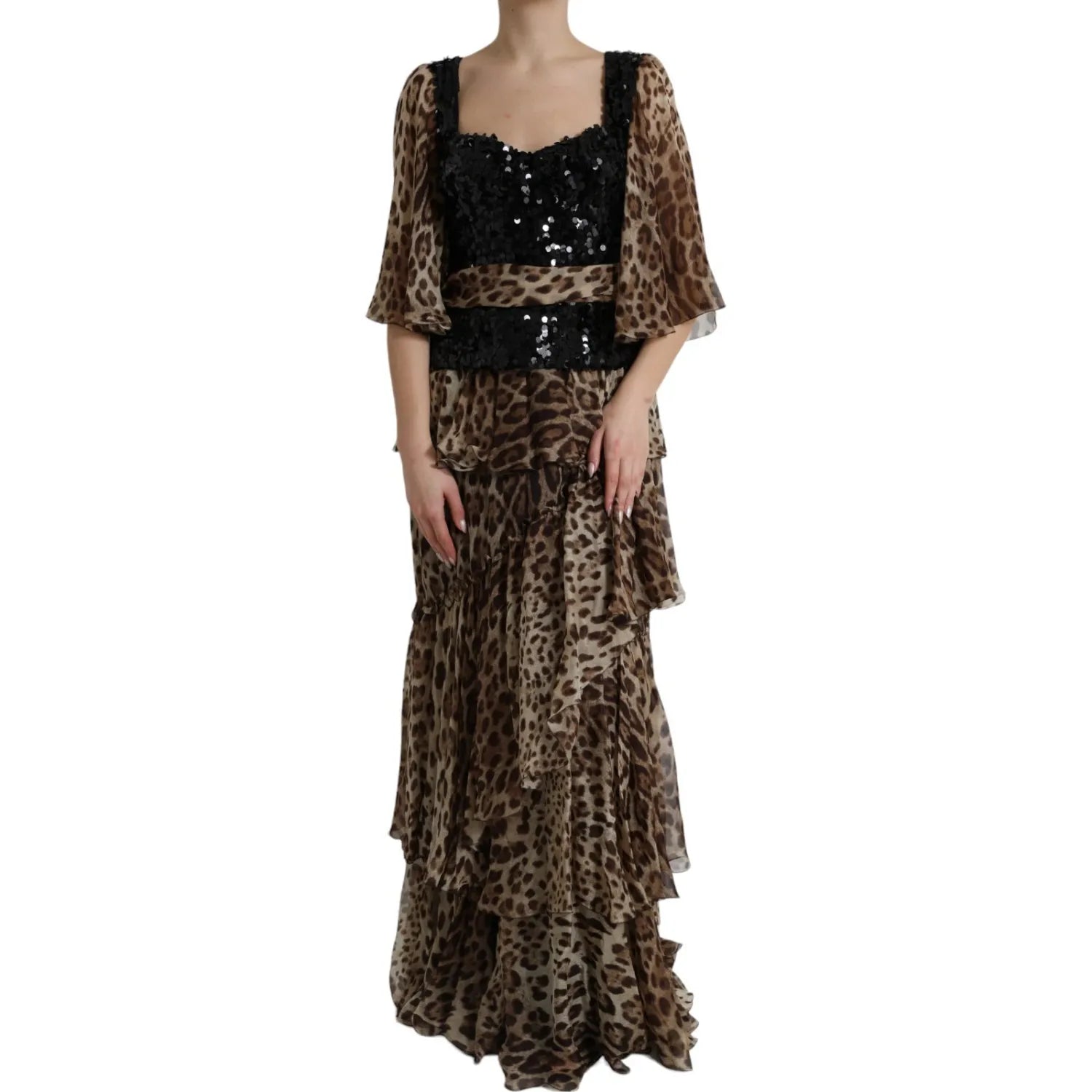 Dolce & Gabbana Leopard Print Silk Sequin Ruffle Maxi Dress