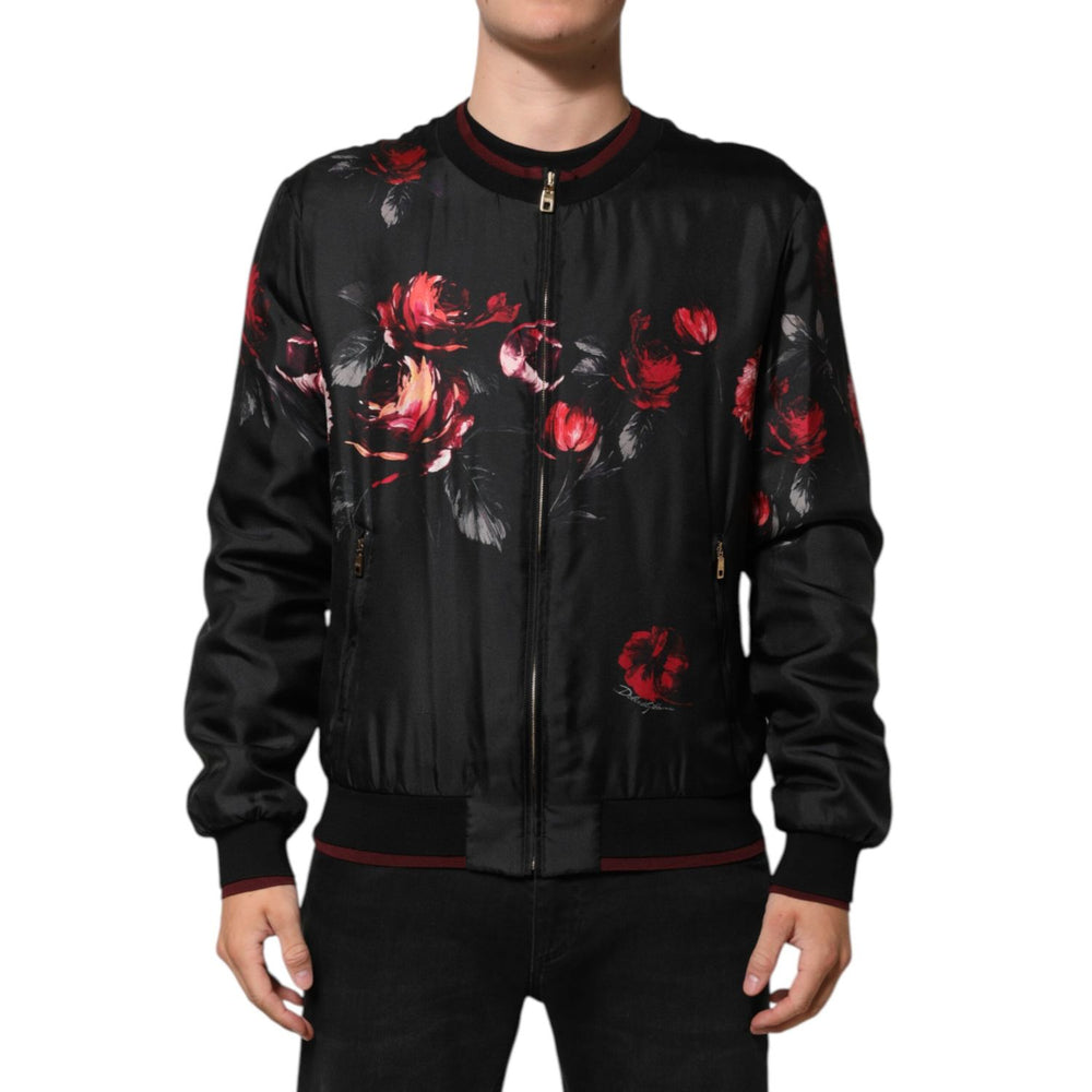 Dolce & Gabbana Black Red Floral Silk Bomber Blouson Jacket shown on model, featuring ribbed collar and cuffs.