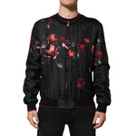 Dolce & Gabbana Black Red Floral Silk Bomber Blouson Jacket shown on model, featuring ribbed collar and cuffs.