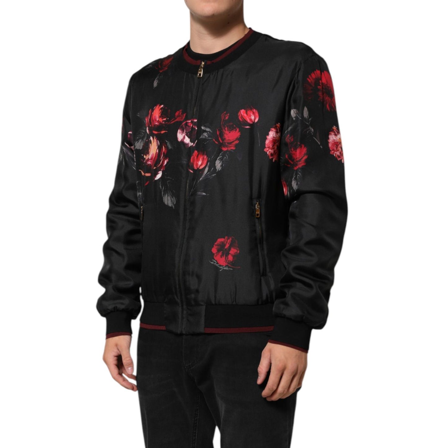 Dolce & Gabbana Black Red Floral Silk Bomber Blouson Jacket with front zip, burgundy ribbed collar and cuffs.