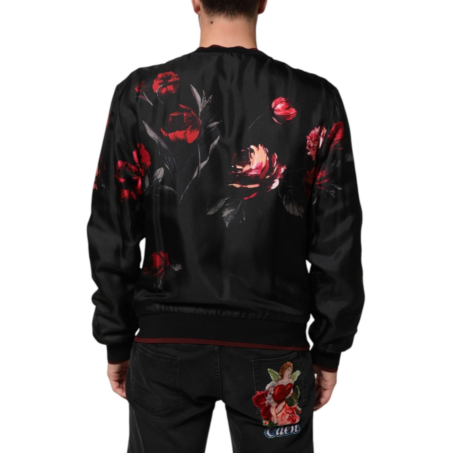 Dolce & Gabbana Black Red Floral Silk Bomber Blouson Jacket - back view showing floral print design
