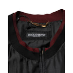 Dolce & Gabbana Black Red Floral Silk Bomber Blouson Jacket close-up with burgundy collar and label detail
