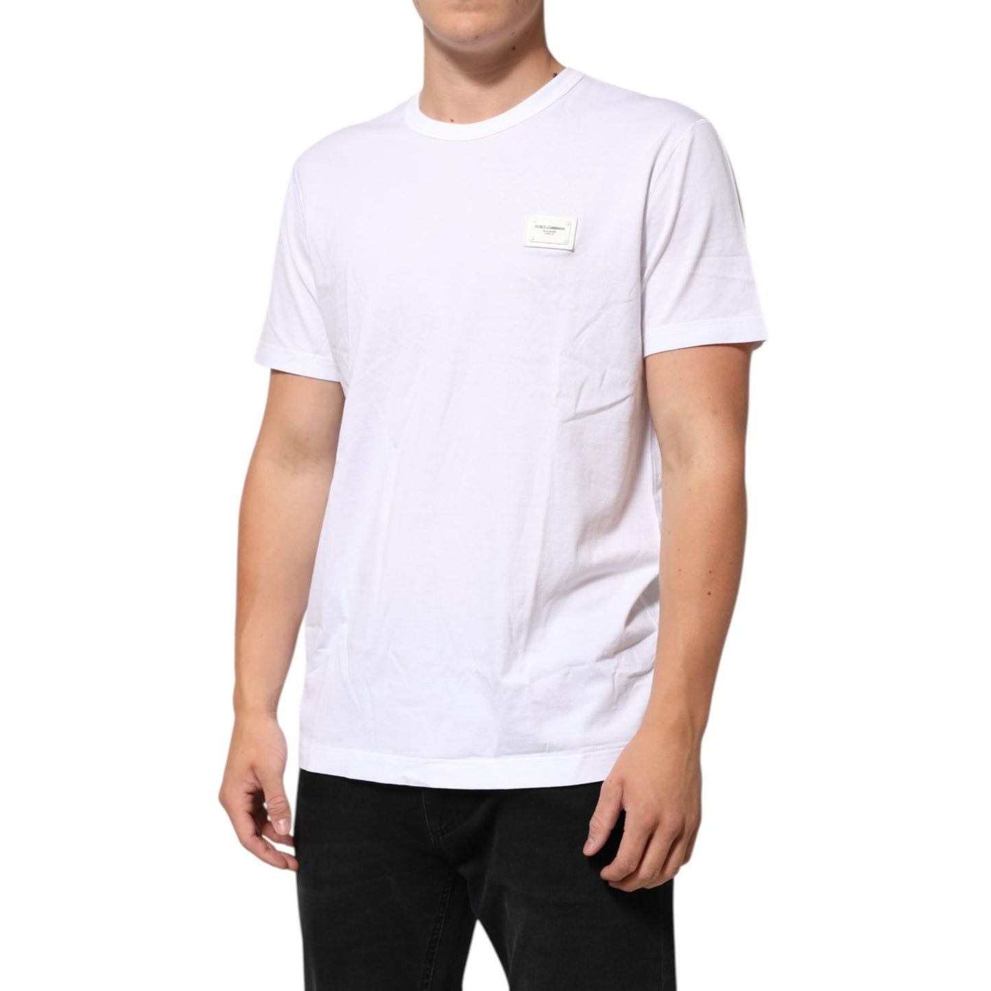 Dolce & Gabbana White Logo Plaque Cotton Crew Neck T-shirt