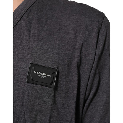 Dolce & Gabbana Grey Cotton V-Neck Logo Plaque Melange T-Shirt