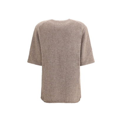 Back view of Loulou De Saison Beige Wool Sweatshirt with short sleeves, crew neck, and straight fit, made from soft yak blend for warmth.