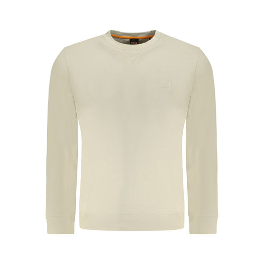 Hugo Boss Beige Cotton Men Sweater - long sleeve crew neck with embroidered signature logo, luxury fashion essential.