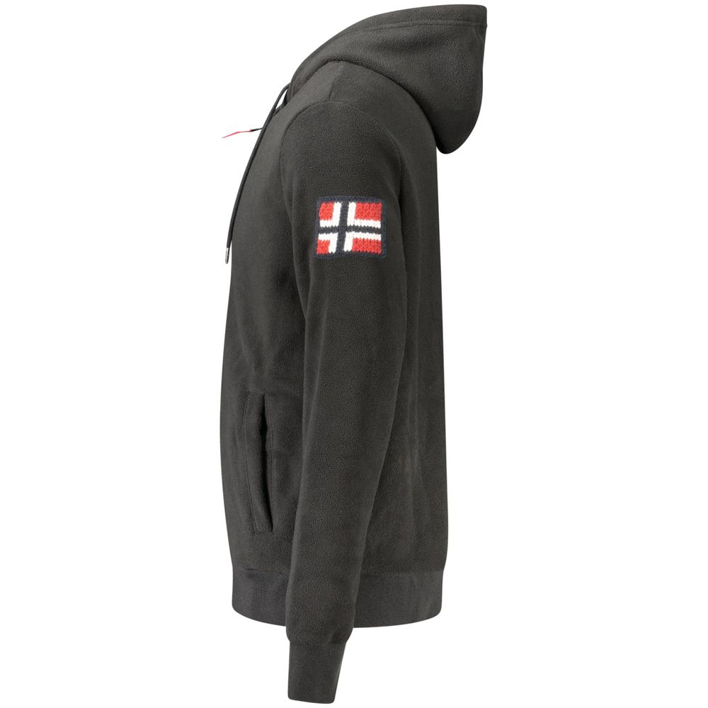 Norway 1963 Black Polyester Men Sweatshirt with hood, zip closure, and embroidered logo on the arm, side view.
