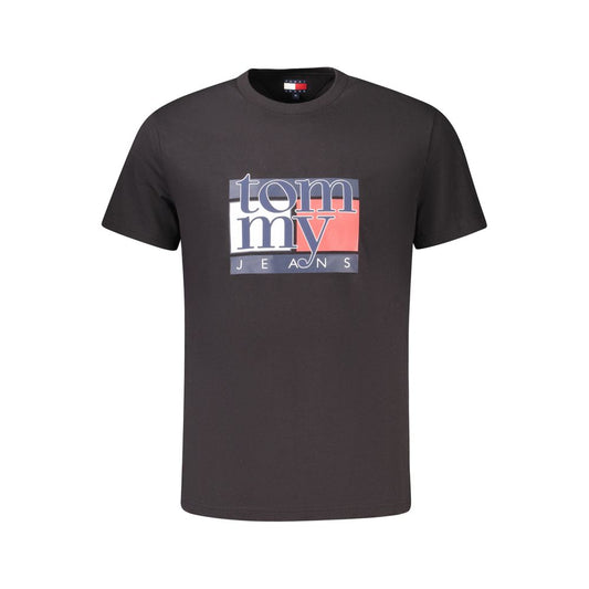 Tommy Hilfiger Black Cotton Men T-Shirt with iconic logo design, short-sleeved, 95% regenerative cotton for a sleek and stylish look.