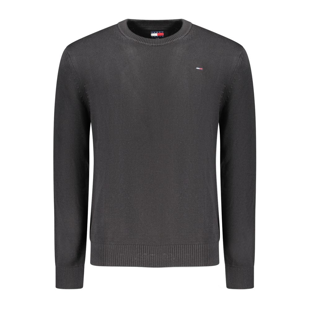 Tommy Hilfiger Black Cotton Men Sweater with embroidery and logo, crew neck style, made of 95% organic cotton, sleek and stylish design.